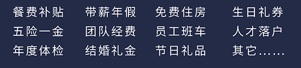 pg电子官网员工福利：餐费补贴、五险一金、年度体检、带薪年假、团队经费、结婚礼金、免费住房、员工班车、节日礼品、生日礼券、人才落户、其它……